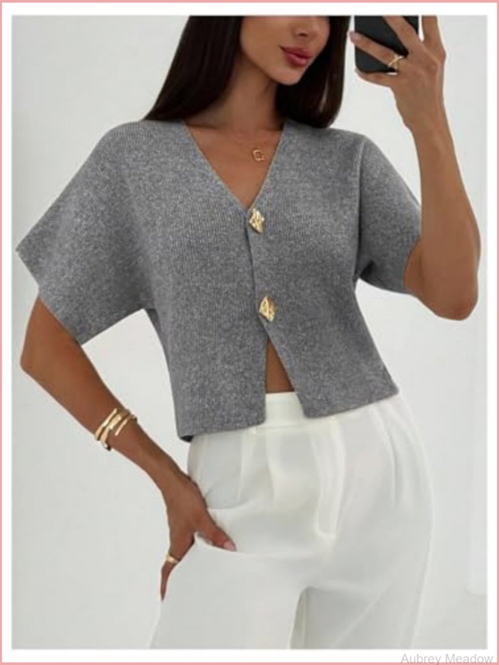 Short Sleeve V-Neck Cardigan Sweater Slim Fit Knit Tops Office Wear - Picture 4 of 5